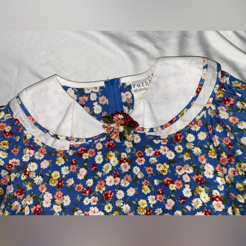 Vintage Ruth of Carolina Floral Blue Childs Dress with White Collar - Picture 3 of 11